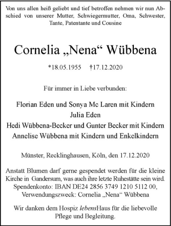 Anzeige von Cornelia Wübbena von Westfälische Nachrichten