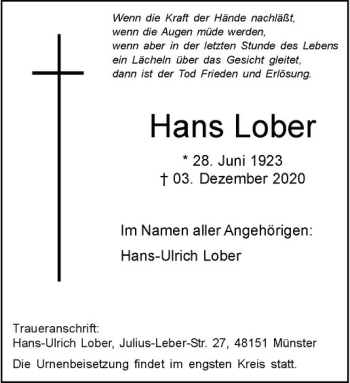 Anzeige von Hans Lober von Westfälische Nachrichten