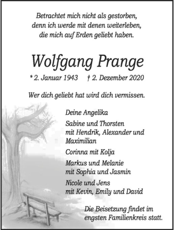 Anzeige von Wolfgang Prange von Westfälische Nachrichten