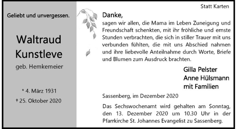  Traueranzeige für Waltraud Kunstleve vom 05.12.2020 aus Westfälische Nachrichten