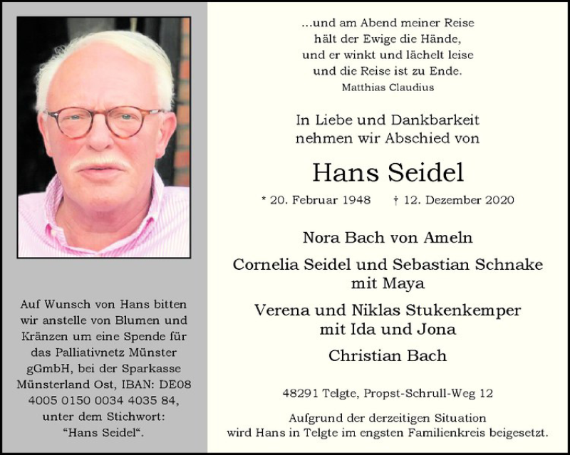  Traueranzeige für Hans Seidel vom 16.12.2020 aus Westfälische Nachrichten