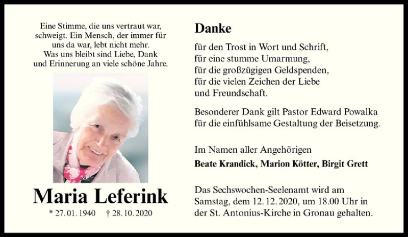  Traueranzeige für Maria Leferink vom 09.12.2020 aus Westfälische Nachrichten