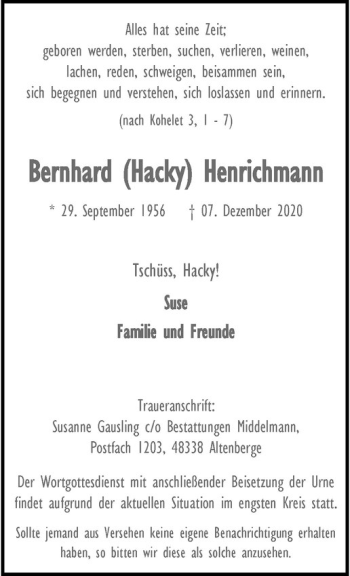 Anzeige von Bernhard (Hacky) Henrichmann von Westfälische Nachrichten