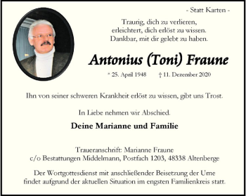 Anzeige von Antonius (Toni) Fraune von Westfälische Nachrichten