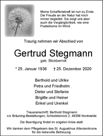 Anzeige von Getrud Stegmann von Westfälische Nachrichten