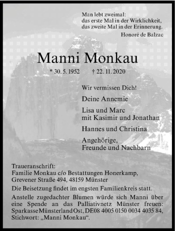 Anzeige von Manni Monkau von Westfälische Nachrichten