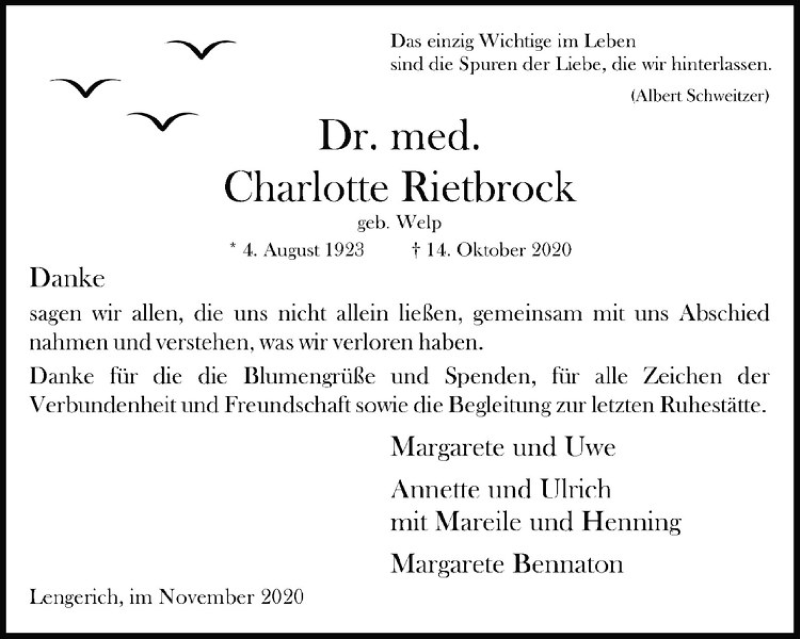  Traueranzeige für Charlotte Rietbrock vom 05.12.2020 aus Westfälische Nachrichten