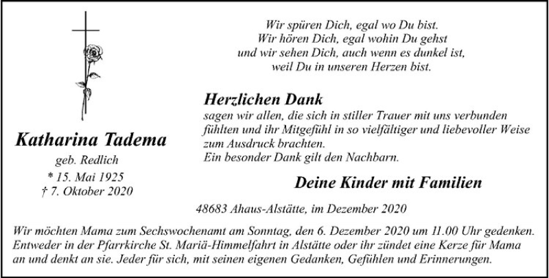  Traueranzeige für Katharina Tadema vom 03.12.2020 aus Westfälische Nachrichten
