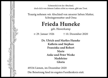 Anzeige von Frieda Huneke von Westfälische Nachrichten
