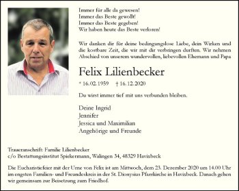 Anzeige von Felix Lilienbecker von Westfälische Nachrichten