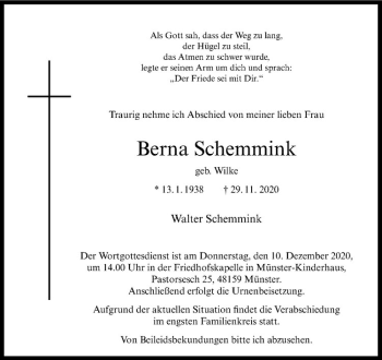Anzeige von Berna Schemming von Westfälische Nachrichten