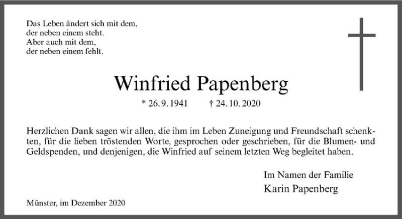  Traueranzeige für Wilfried Papenberg vom 18.12.2020 aus Westfälische Nachrichten