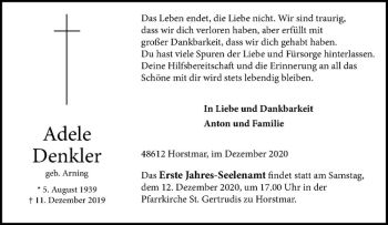 Anzeige von Adele Denkler von Westfälische Nachrichten