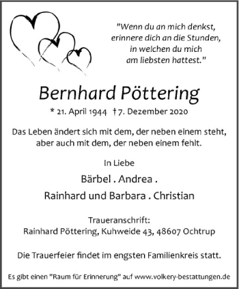 Anzeige von Bernhard Pöttering von Westfälische Nachrichten