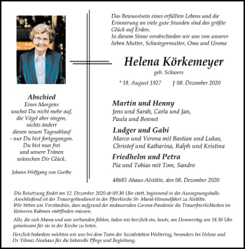 Anzeige von Helena Körkemeyer von Westfälische Nachrichten