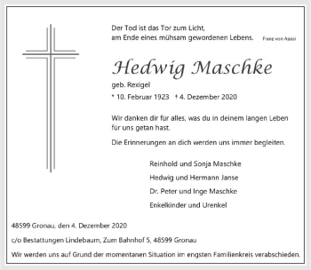 Anzeige von Hedwig Maschke von Westfälische Nachrichten
