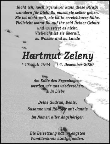 Anzeige von Hartmut Zeleny von Westfälische Nachrichten