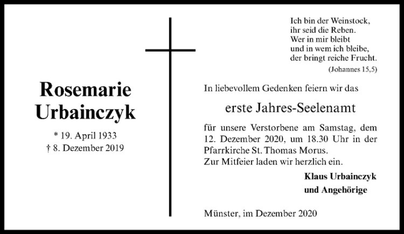  Traueranzeige für Rosemarie Urbainczyk vom 05.12.2020 aus Westfälische Nachrichten