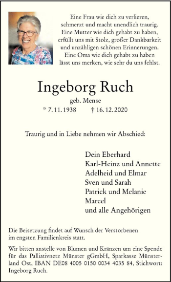 Anzeige von Ingeborg Ruch von Westfälische Nachrichten