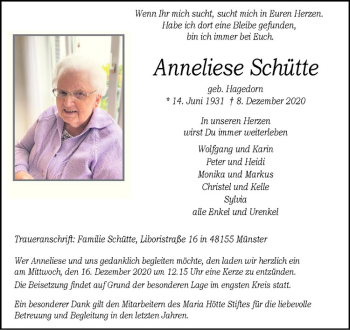 Anzeige von Anneliese Schütte von Westfälische Nachrichten