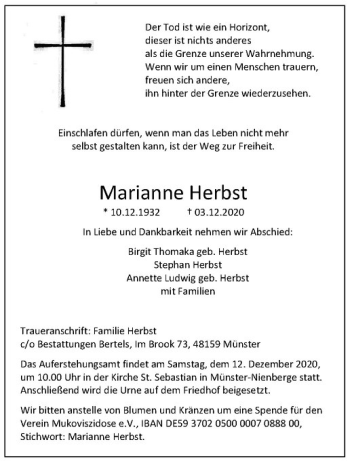 Anzeige von Marianne Herbst von Westfälische Nachrichten