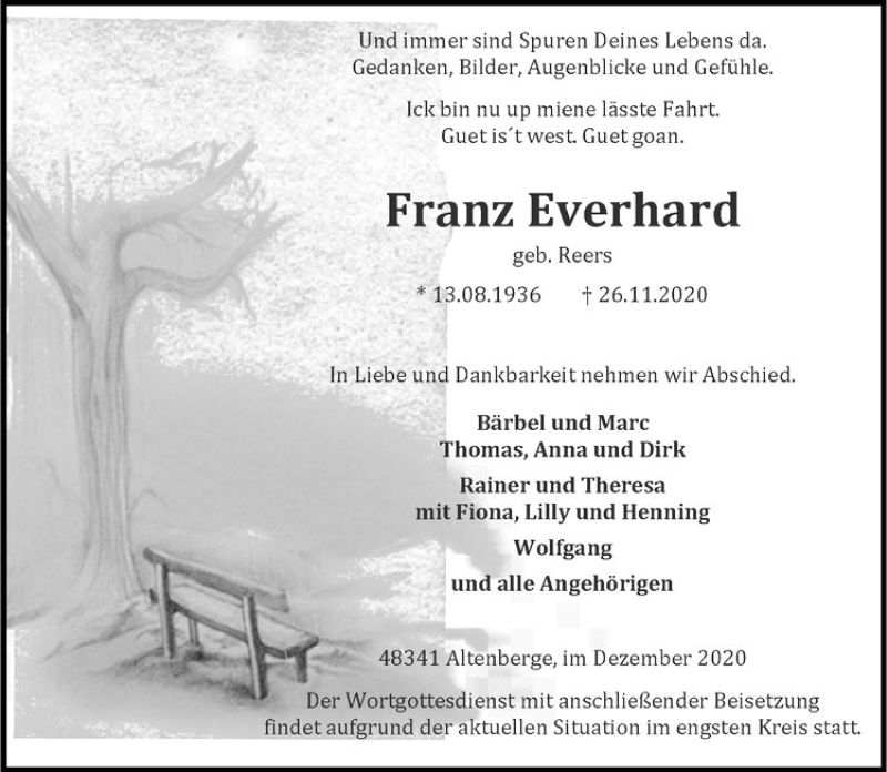  Traueranzeige für Franz Everhard vom 02.12.2020 aus Westfälische Nachrichten