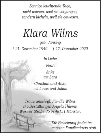 Anzeige von Klara Wilms von Westfälische Nachrichten