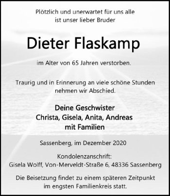 Anzeige von Dieter Flaskamp von Westfälische Nachrichten