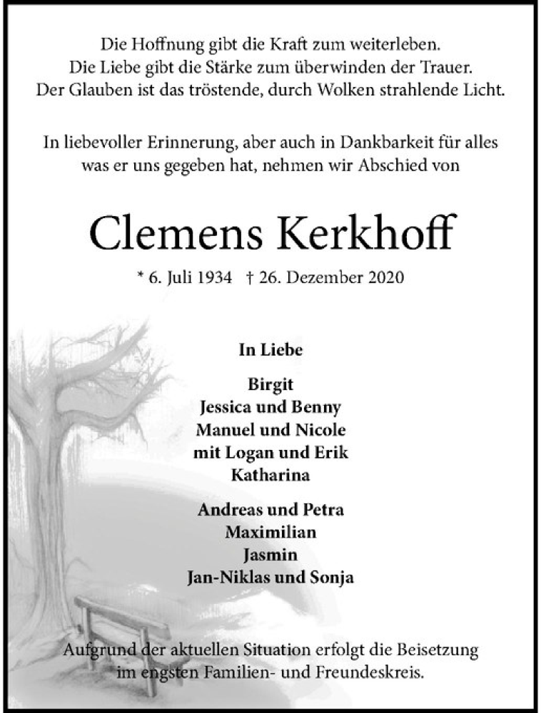  Traueranzeige für Clemens Kerkhoff vom 30.12.2020 aus Westfälische Nachrichten