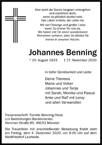 Anzeige von Johannes Benning von Westfälische Nachrichten