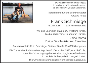 Anzeige von Frank Schmiege von Westfälische Nachrichten