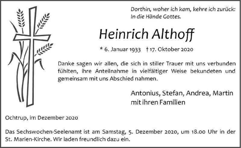  Traueranzeige für Heinrich Althoff vom 02.12.2020 aus Westfälische Nachrichten