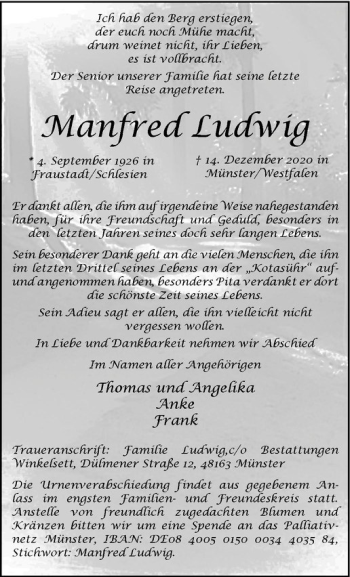 Anzeige von Manfred Ludwig von Westfälische Nachrichten