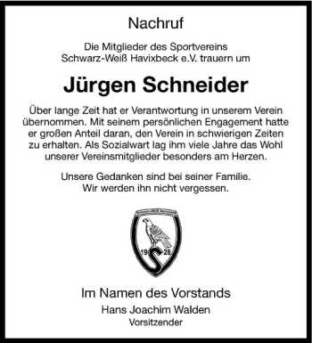 Anzeige von Jürgen Schneider von Westfälische Nachrichten
