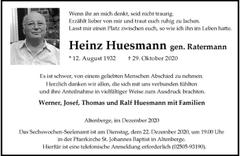 Anzeige von Heinz Huesmann von Westfälische Nachrichten