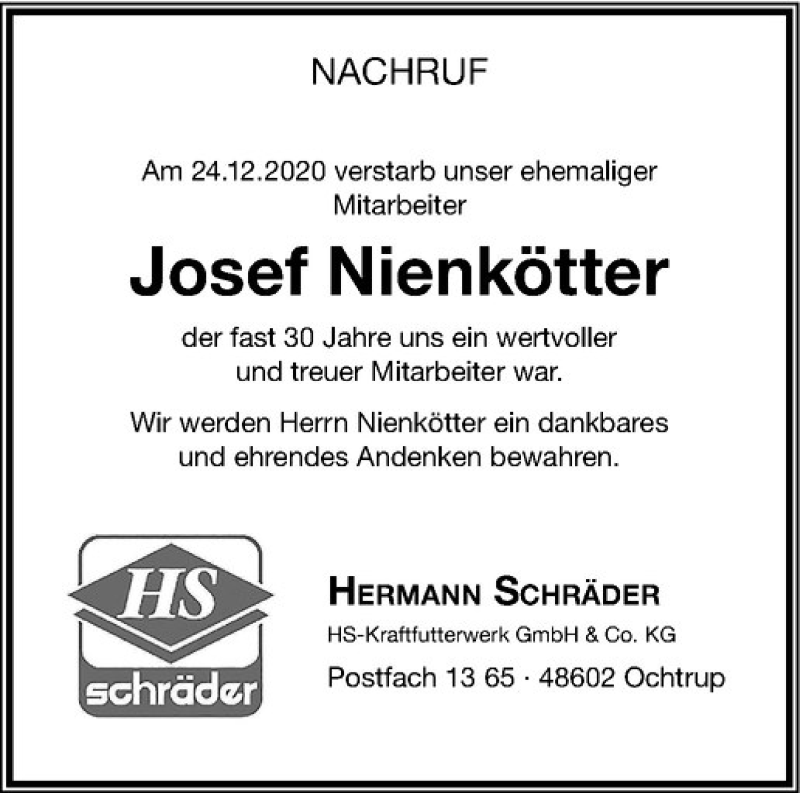  Traueranzeige für Josef Nienkötter vom 29.12.2020 aus Westfälische Nachrichten