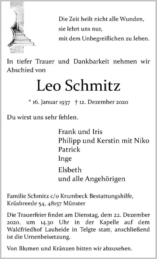  Traueranzeige für Leo Schmitz vom 19.12.2020 aus Westfälische Nachrichten