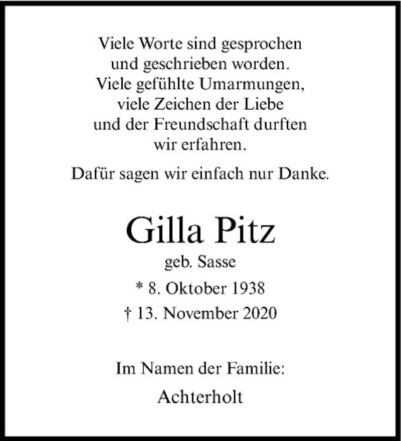  Traueranzeige für Gilla Pitz vom 19.12.2020 aus Westfälische Nachrichten