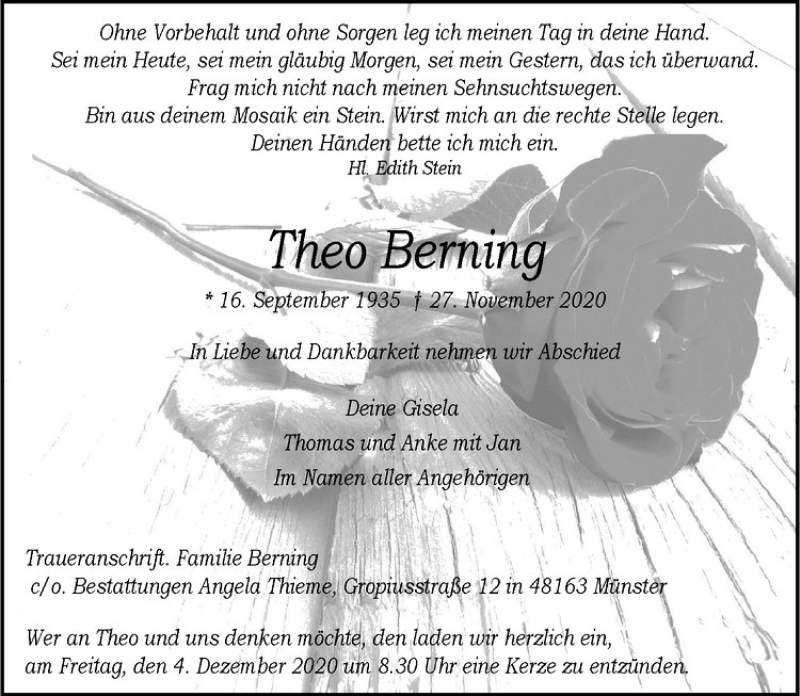  Traueranzeige für Theo Berning vom 02.12.2020 aus Westfälische Nachrichten