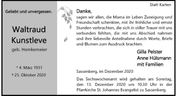 Anzeige von Waltraud Kunstleve von Westfälische Nachrichten