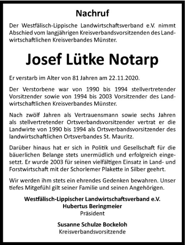  Traueranzeige für Josef Lütke Notarp vom 02.12.2020 aus Westfälische Nachrichten