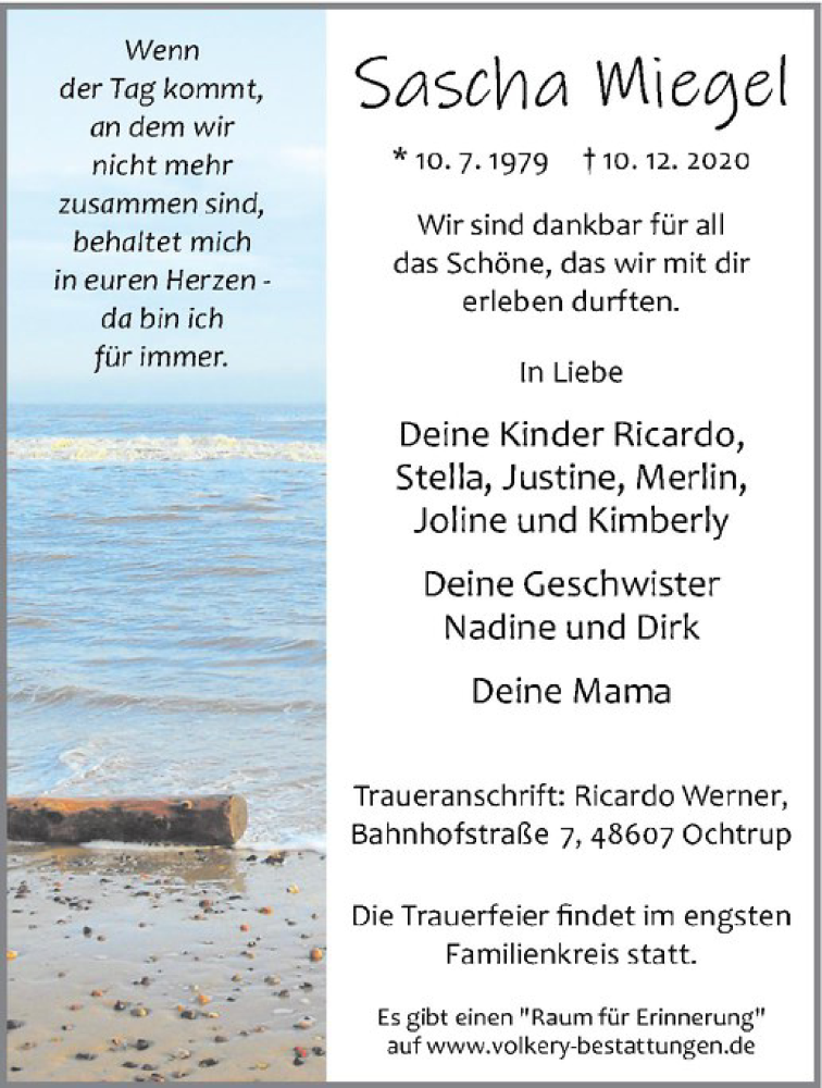  Traueranzeige für Sascha Miegel vom 15.12.2020 aus Westfälische Nachrichten