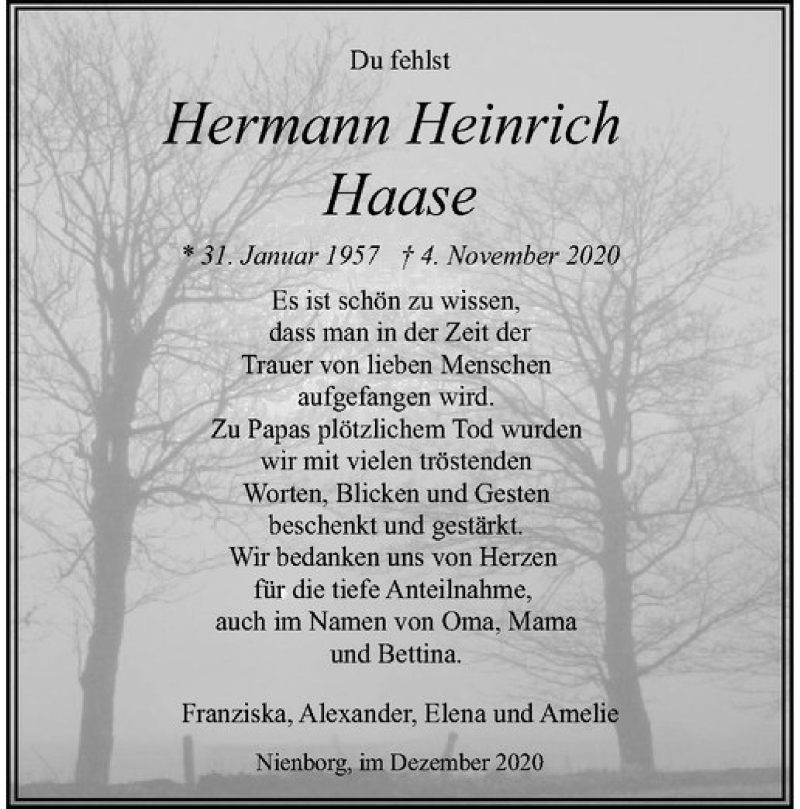  Traueranzeige für Hermann Heinrich Haase vom 23.12.2020 aus Westfälische Nachrichten