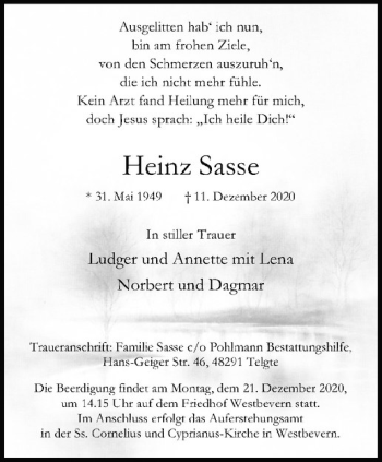 Anzeige von Heinz Sasse von Westfälische Nachrichten