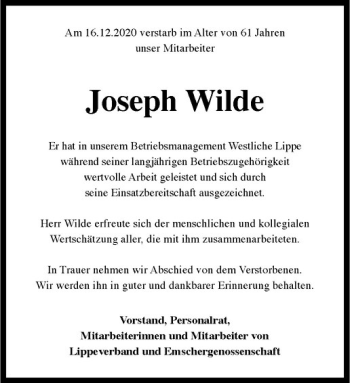 Anzeige von Josef Wilde von Westfälische Nachrichten