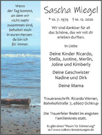 Anzeige von Sascha Miegel von Westfälische Nachrichten