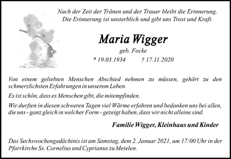  Traueranzeige für Maria Wigger vom 29.12.2020 aus Westfälische Nachrichten
