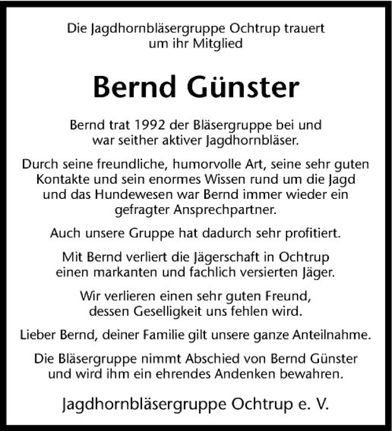  Traueranzeige für Bernd Günster vom 19.12.2020 aus Westfälische Nachrichten