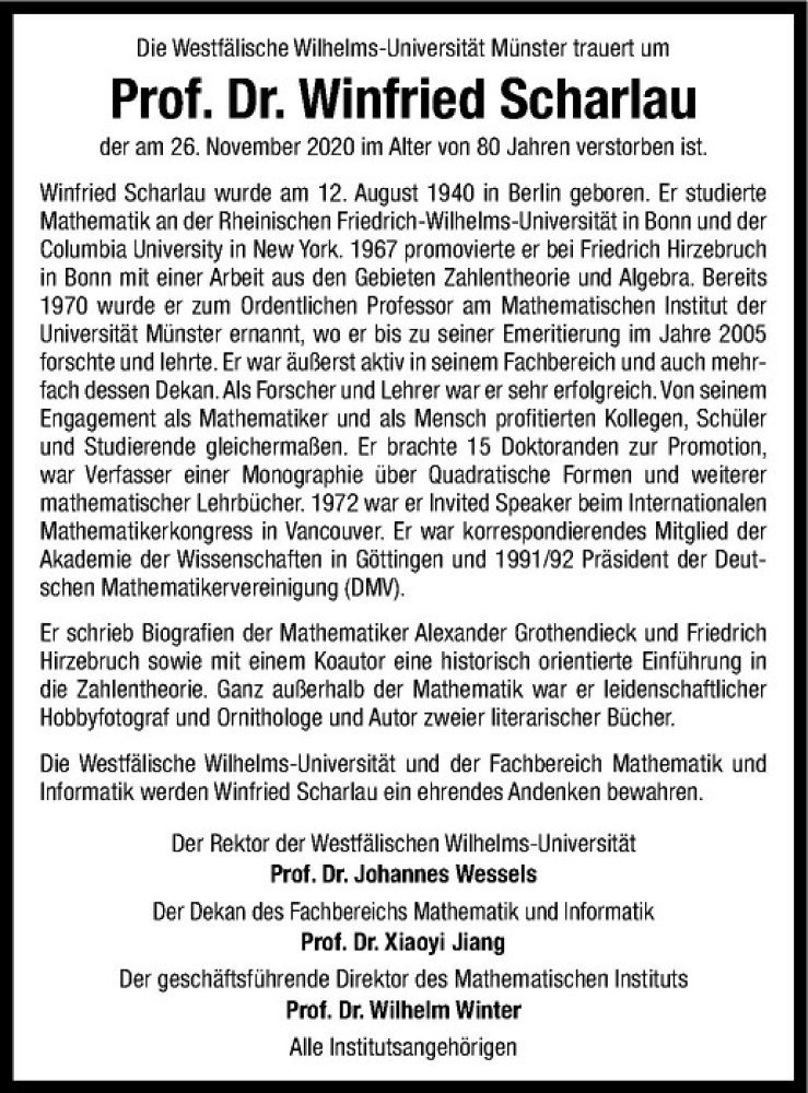  Traueranzeige für Winfried Scharlau vom 05.12.2020 aus Westfälische Nachrichten