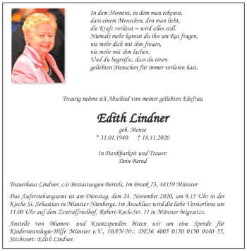 Anzeige von Edith Lindner von Westfälische Nachrichten